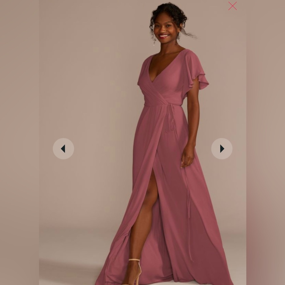 FLUTTER SLEEVE GEORGETTE WRAP BRIDESMAID DRESS,CHIANTI, SIZE 0